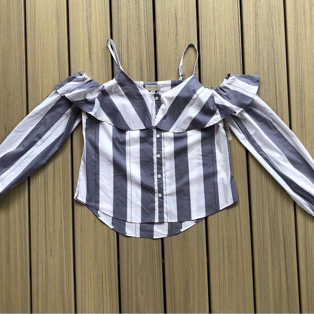Belle Sky Gray & White Striped Off-Shoulder Button Front Blouse Size M